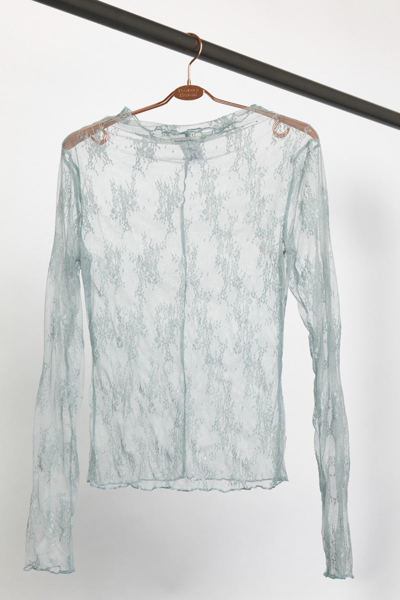 Long Sleeve Sheer Lace Mesh Top- Seafoam