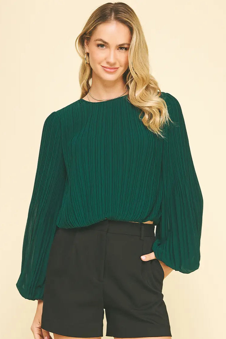 Pleated Balloon Sleeve Top—Forest Green