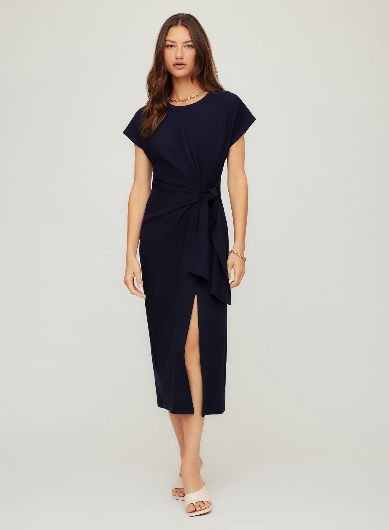 Marissa Side-Knot Midi Dress- Navy