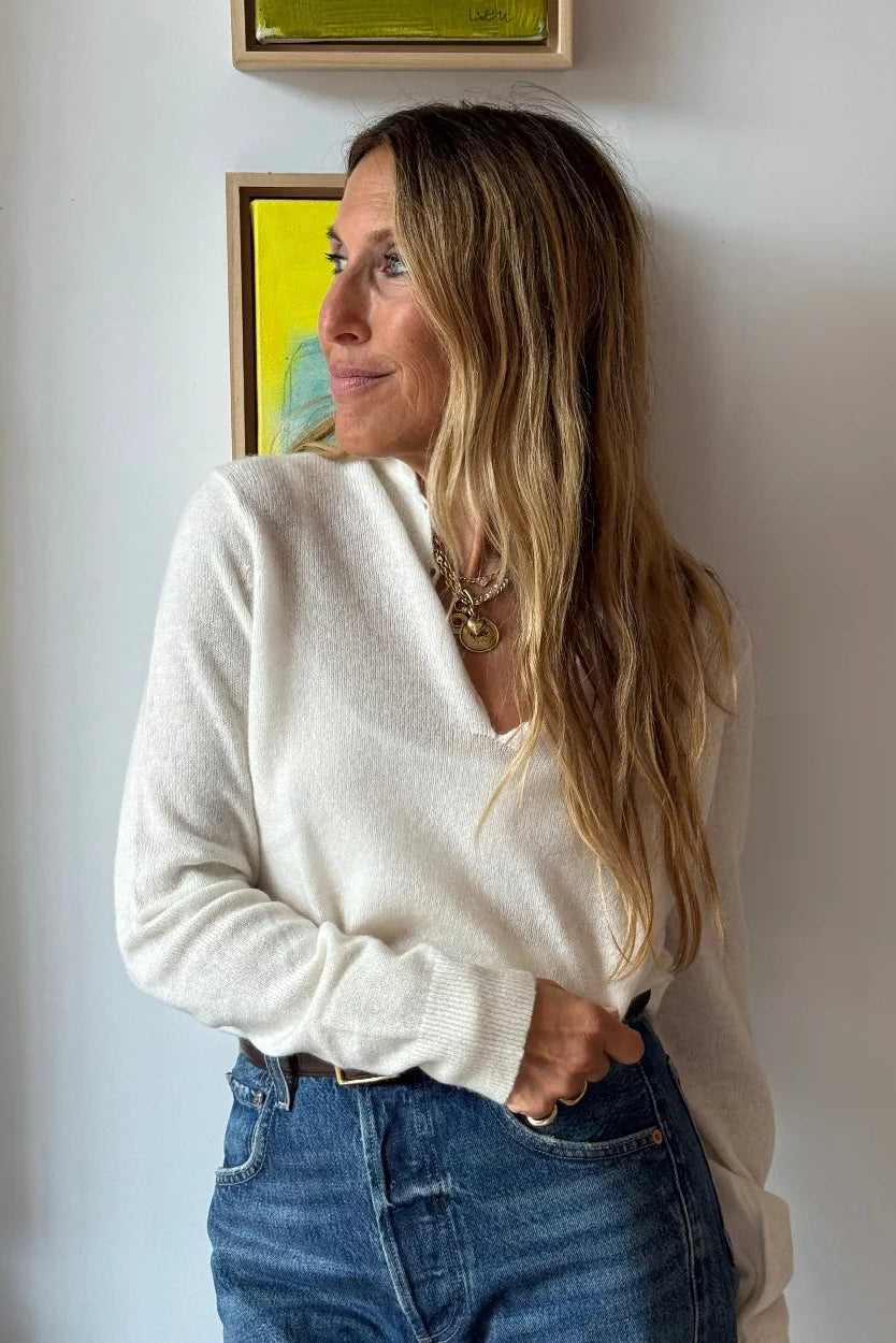 Femme Ruffle Henley Sweater in Natural