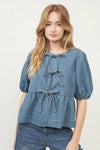 Front Bow Tie Blouse- Denim