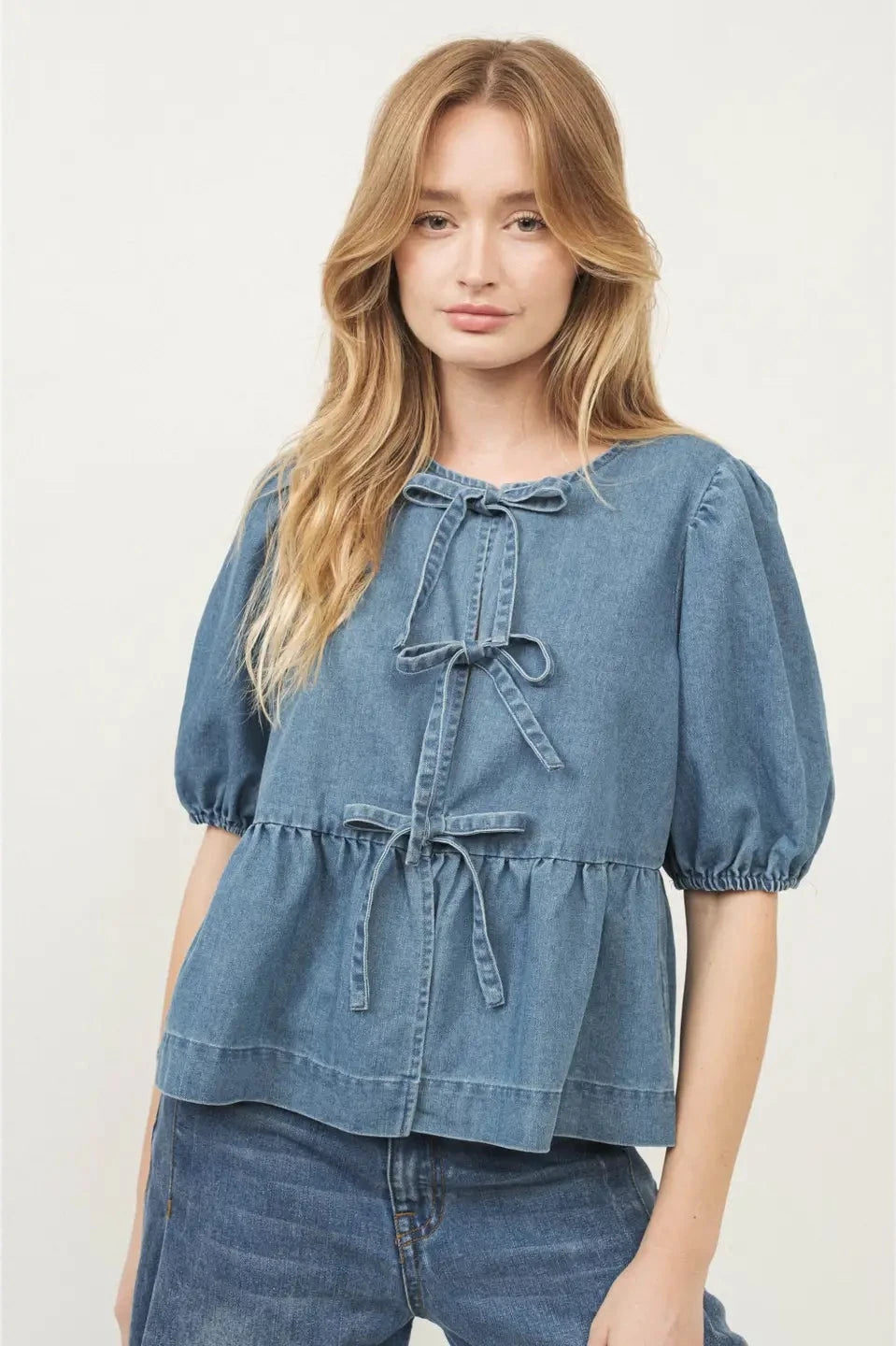 Front Bow Tie Blouse- Denim