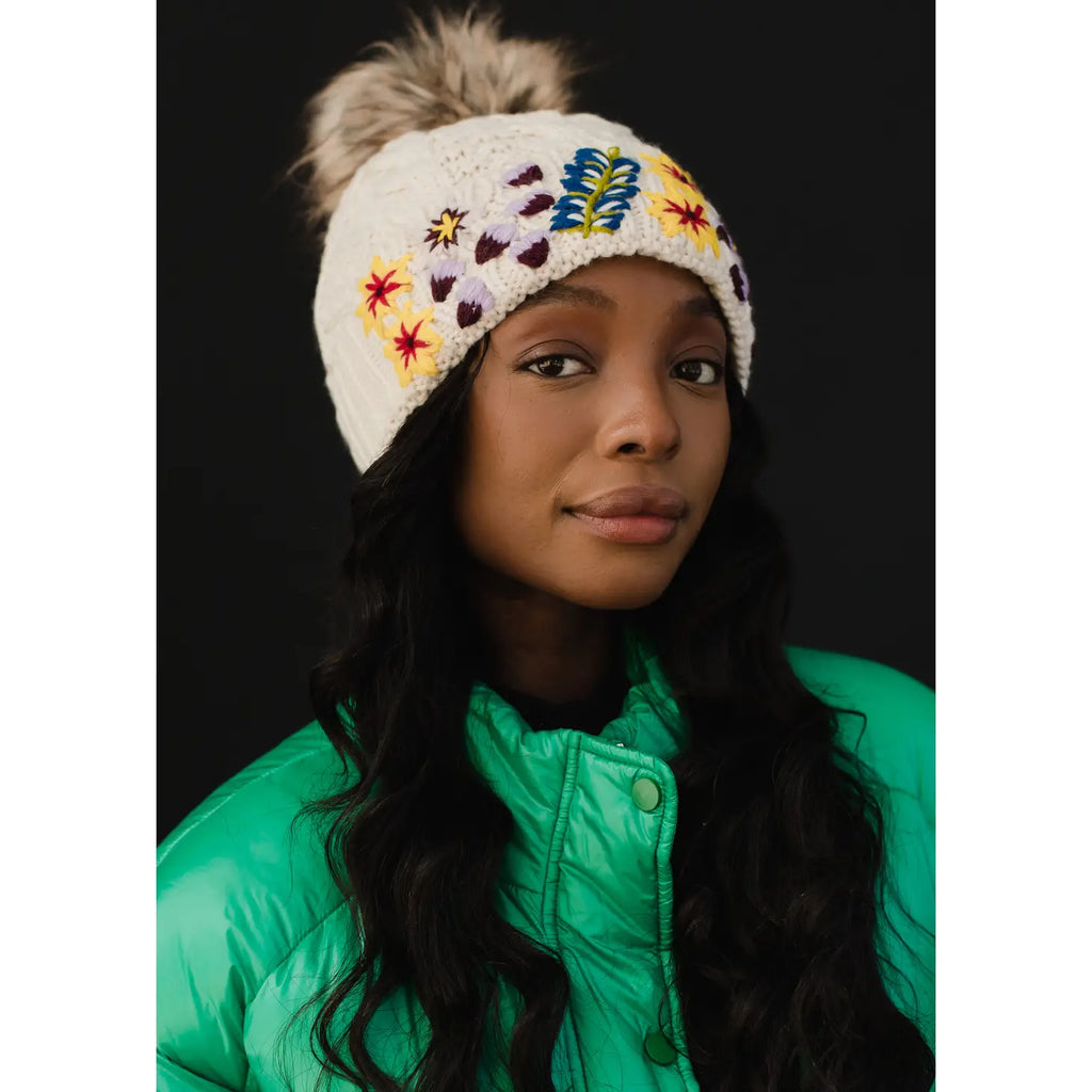 Floral Hand Stitched Cuff Pom Hat