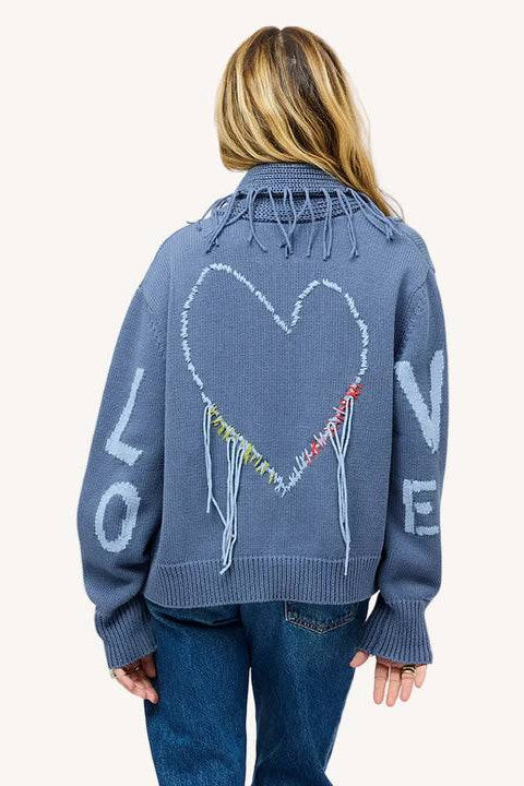 Fringe Shawl Collar Love Cardigan- Denim Blue