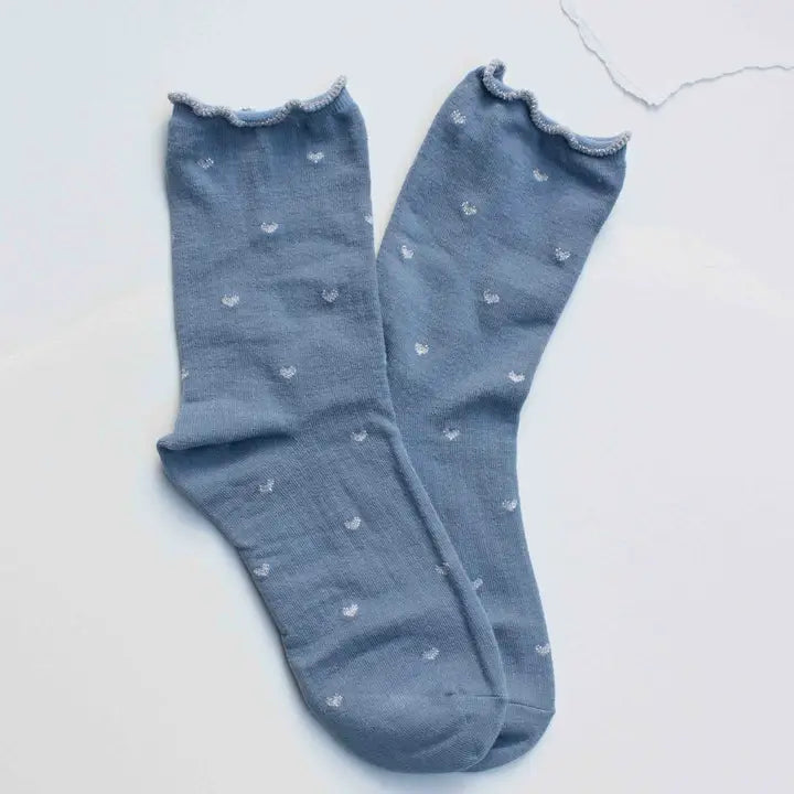 Mini Heart Ruffle Socks- Blue/Silver