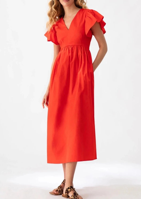 Ruffle Sleeve Midi Dress- Terracotta Orange