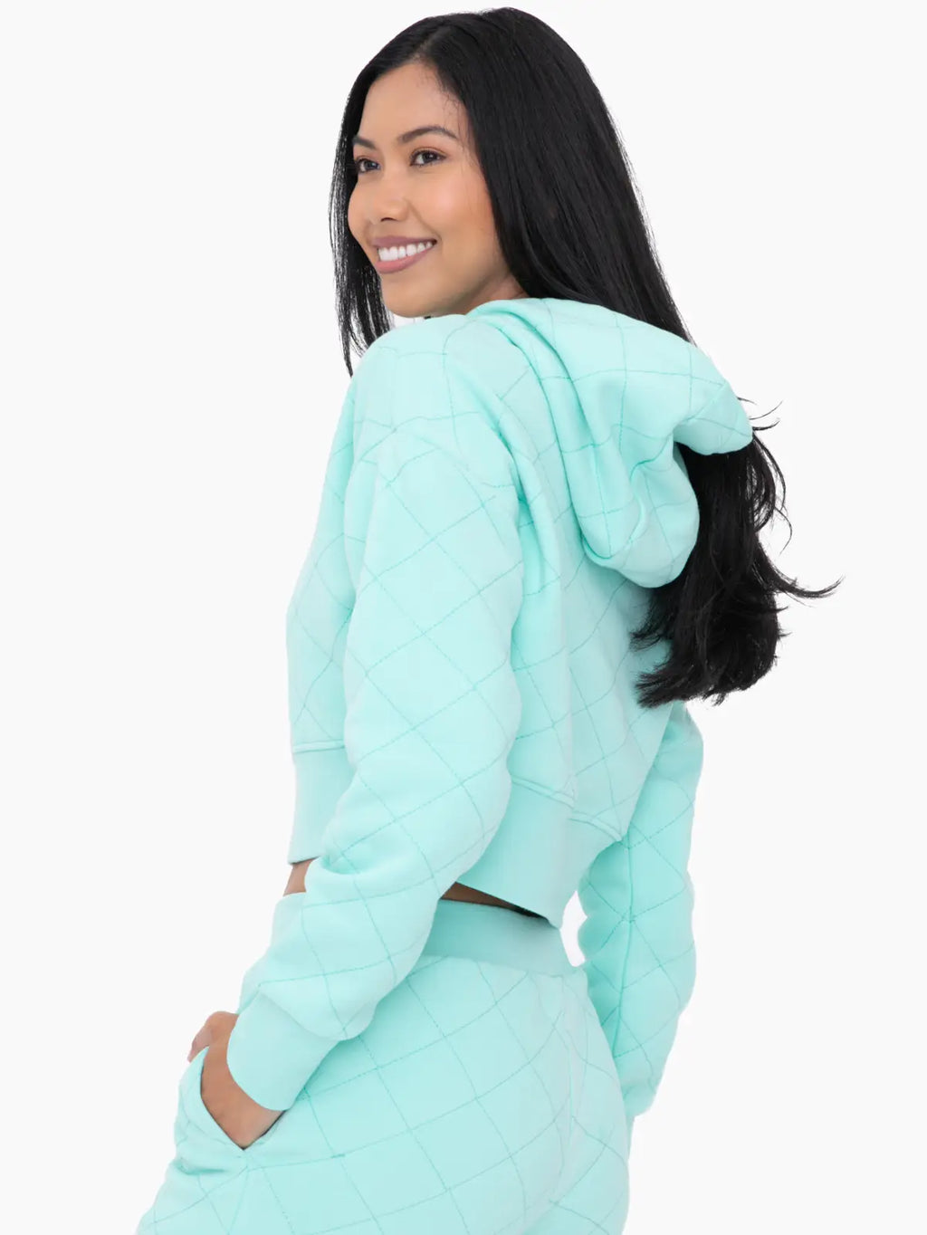 Quilted Drawstring Hoodie- Ice Green