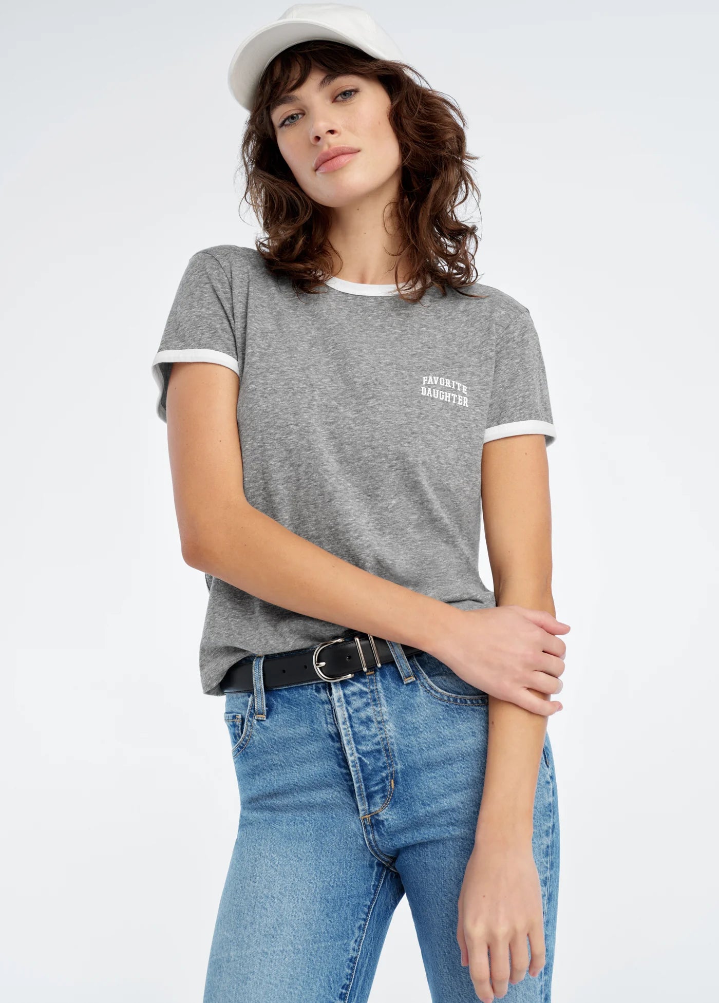 The Collegiate Chest Logo Ringer Tee- Heather Grey/White