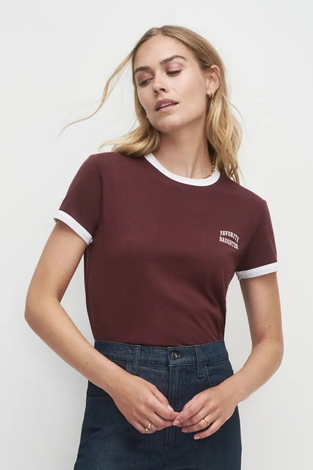 The Cropped Favorite Daughter Ringer Tee- Burgundy/White
