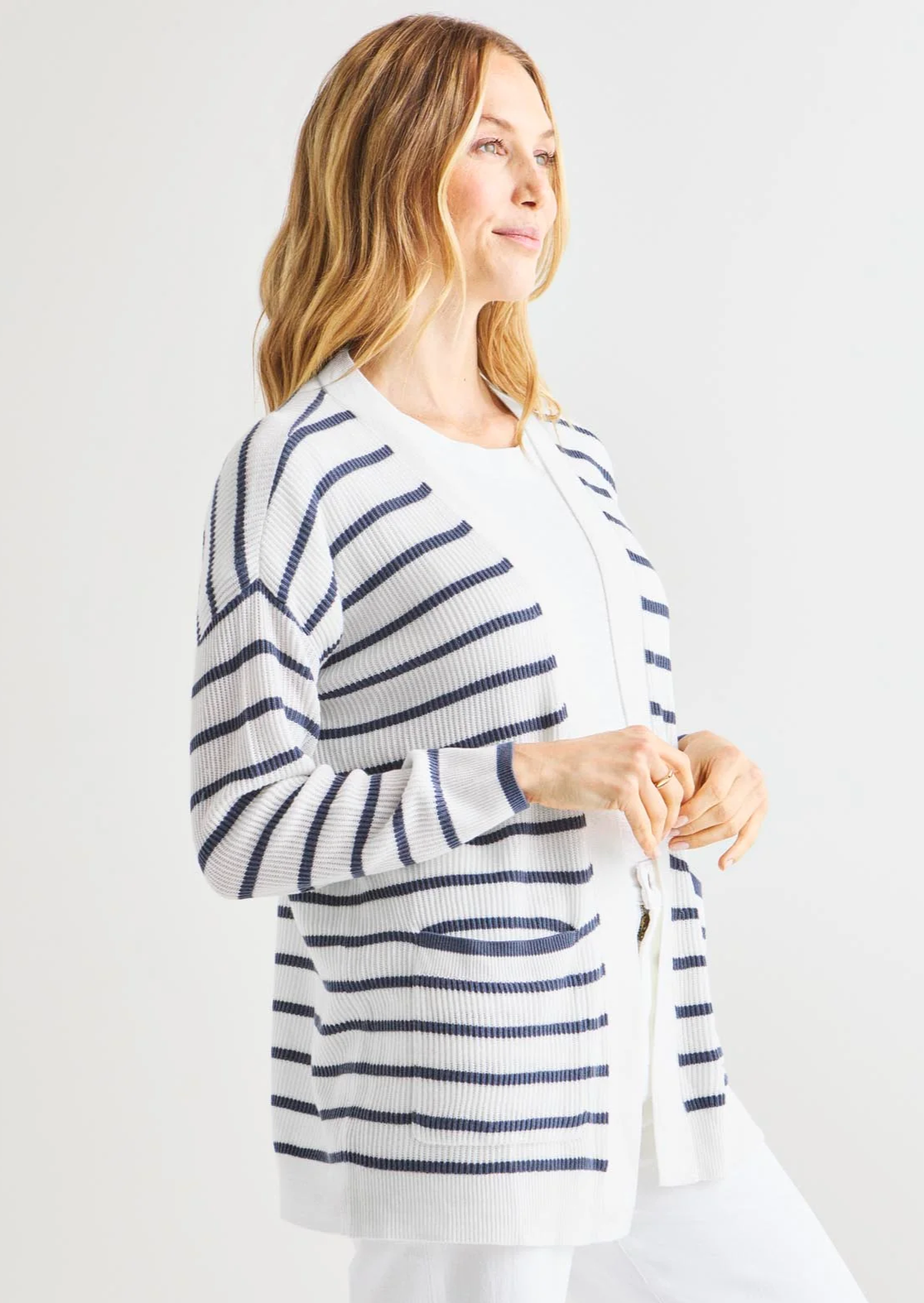 Cashblend Luna Stripe Cardigan- Cerulean/ White