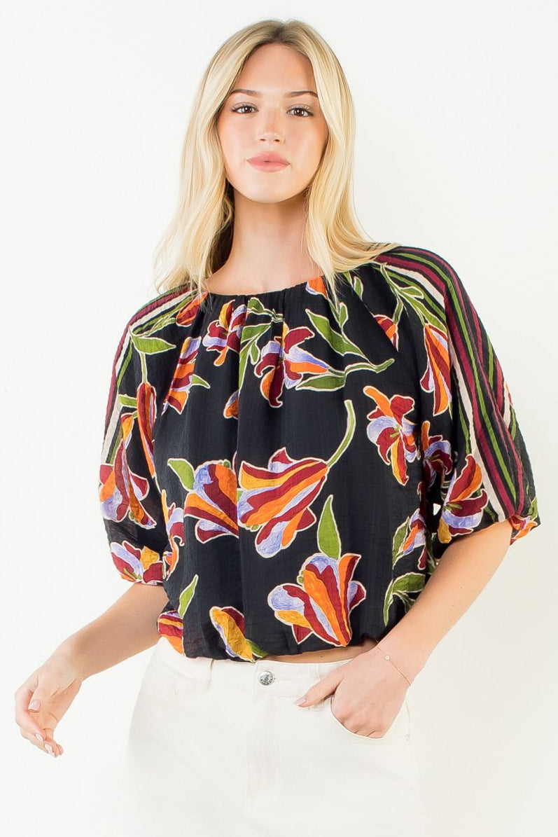 Puff Sleeve Bubble Hem Blouse- Black Floral