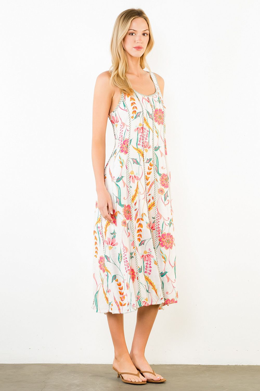 Floral Print Scoop Neck Midi Dress- Cream
