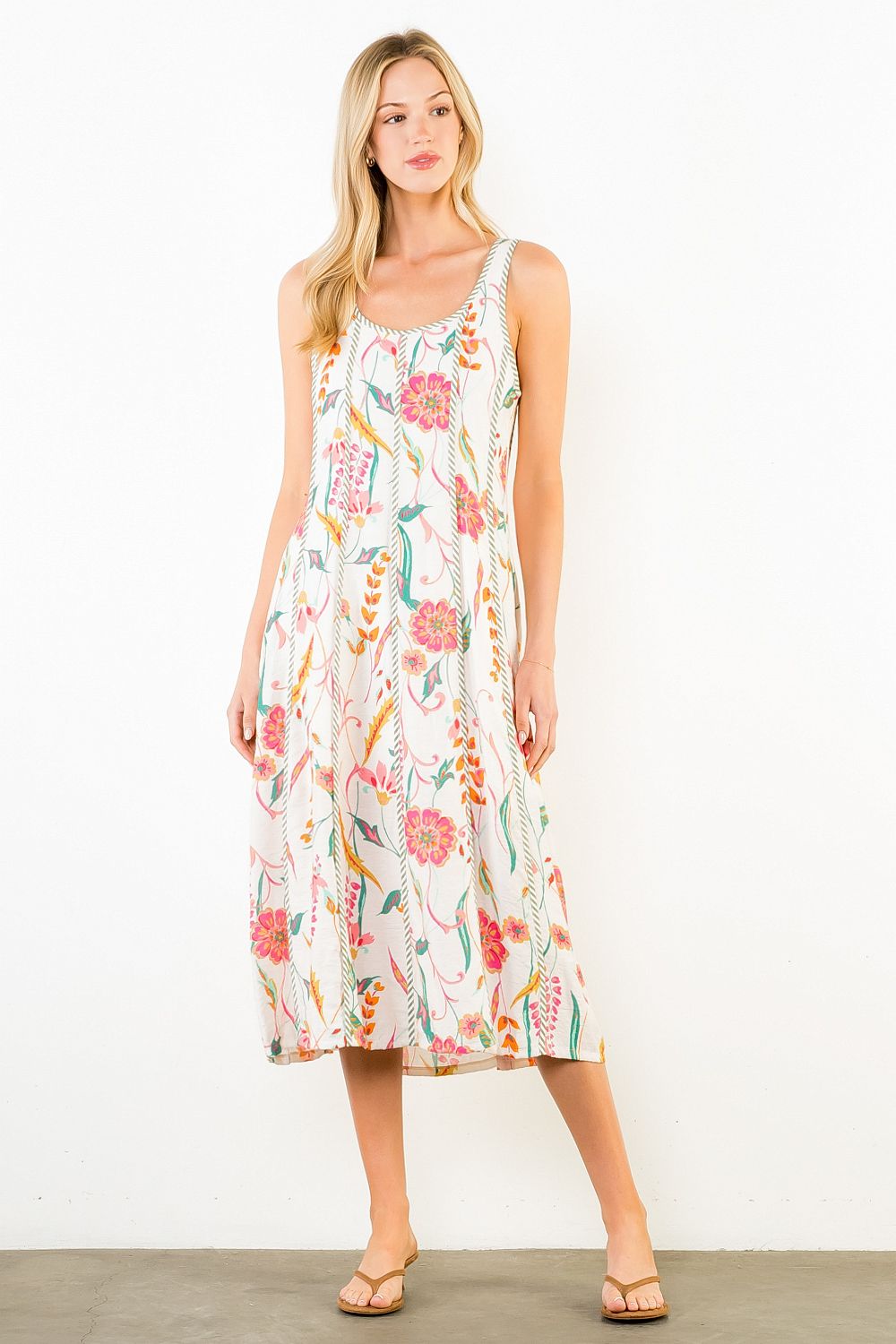 Floral Print Scoop Neck Midi Dress- Cream