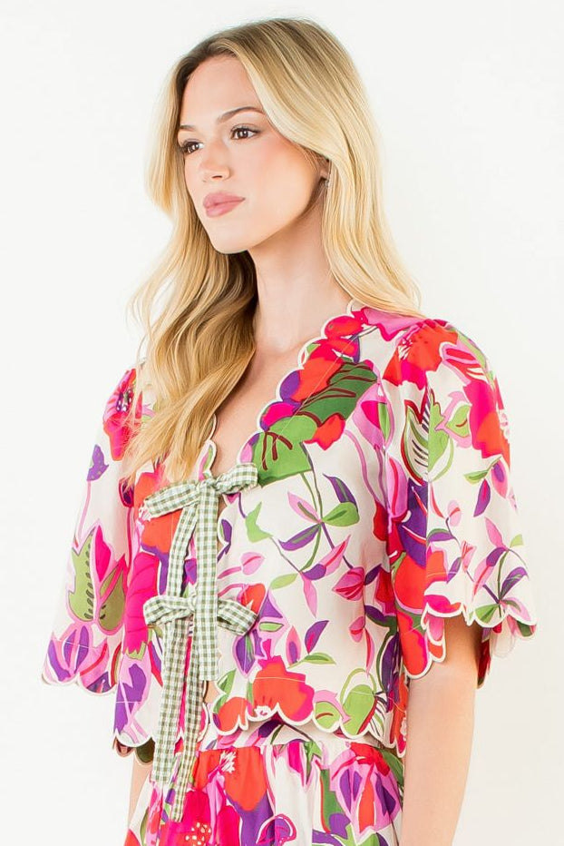 Tie Front Short Sleeve Top- Pink Floral
