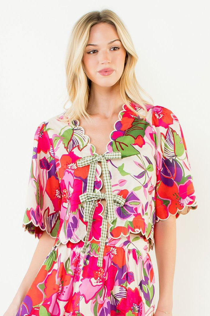 Tie Front Short Sleeve Top- Pink Floral