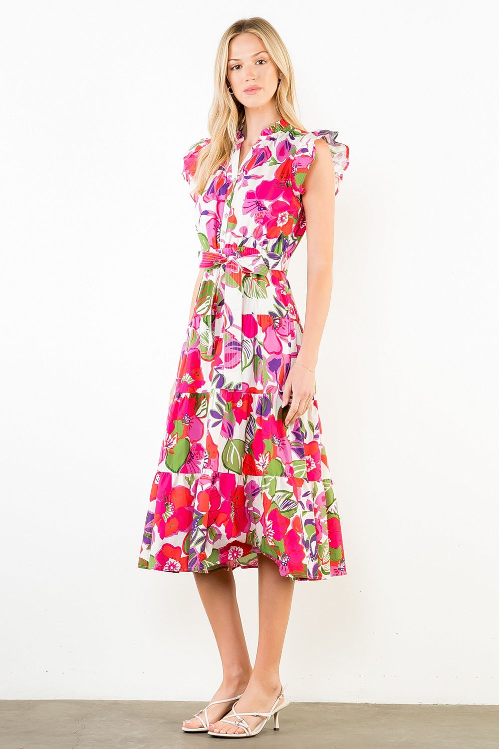 Flutter Sleeve Floral Dress- Pink