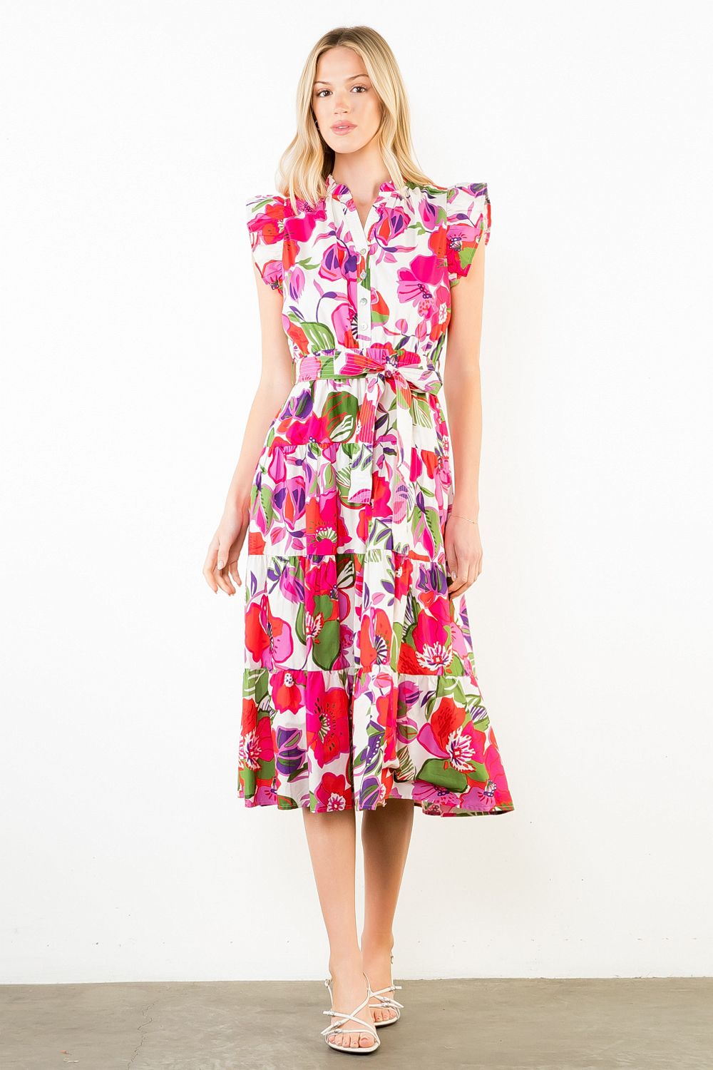 Flutter Sleeve Floral Dress- Pink