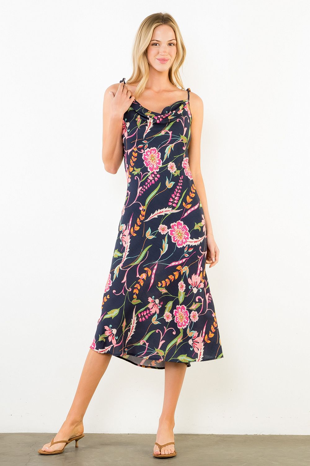 Floral Print Midi Slip Dress- Navy