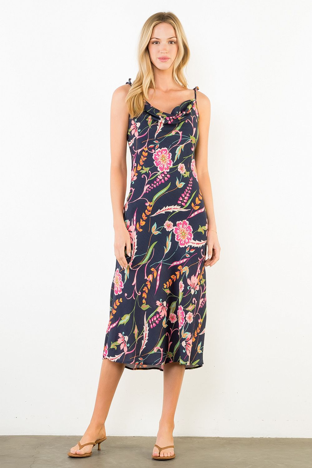 Floral Print Midi Slip Dress- Navy
