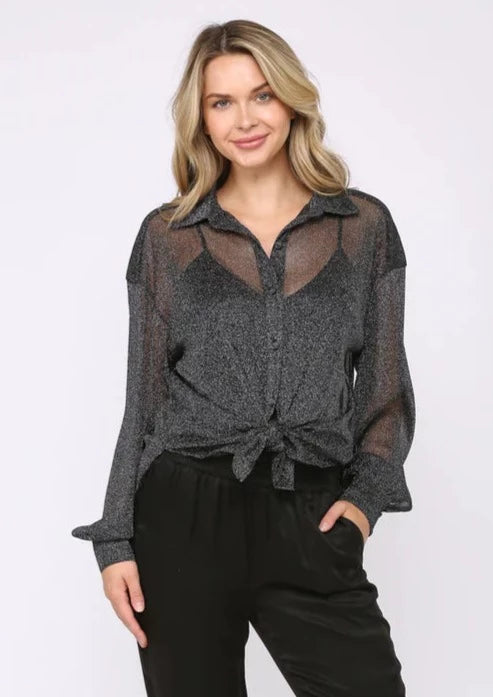 Silver and Black Metallic Button Down Top