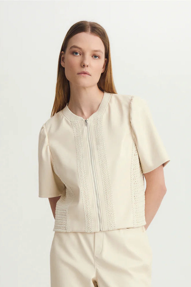 Echo Faux Leather Knit Top- Cream