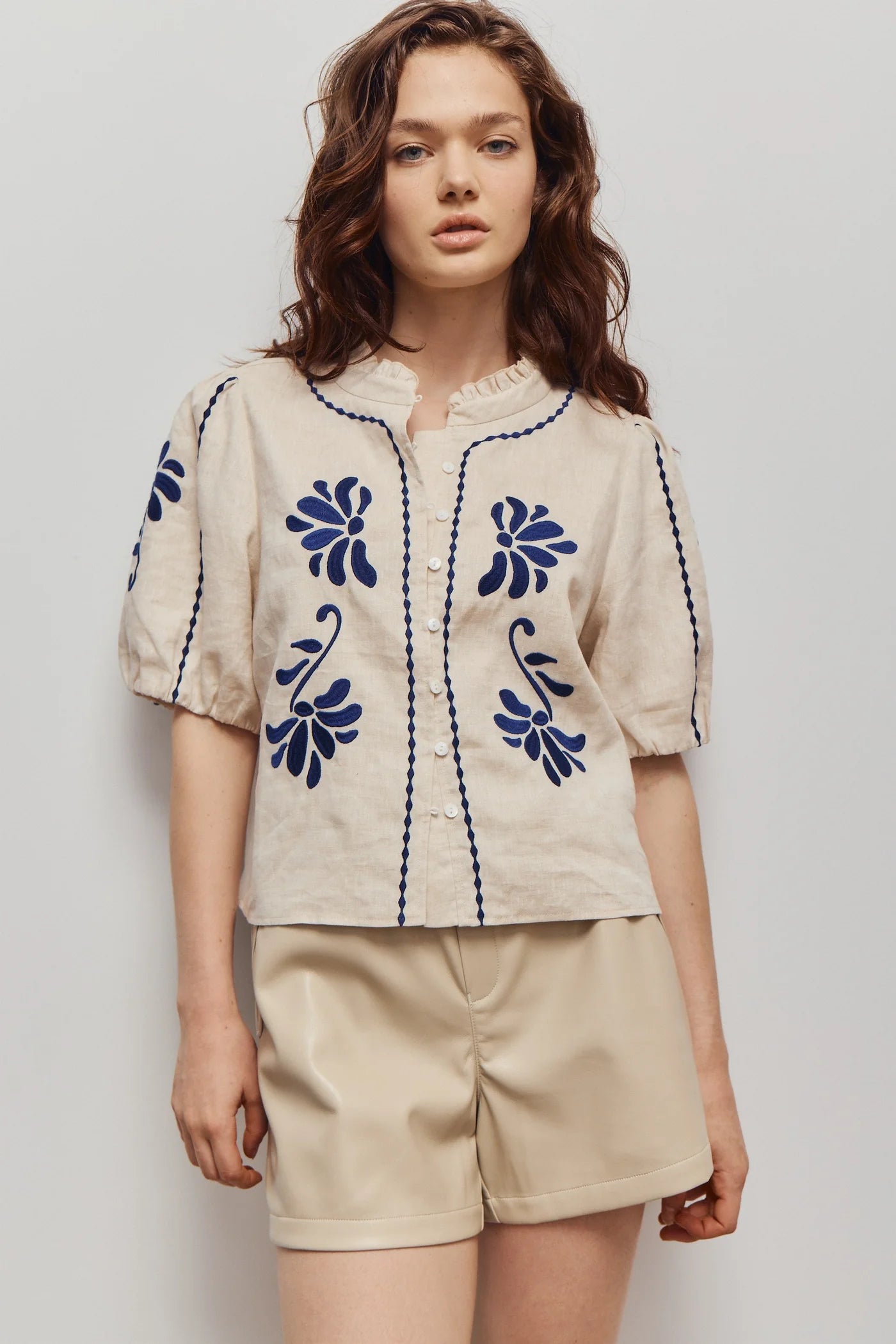 Lito Embroidered Blouse- Light Beige