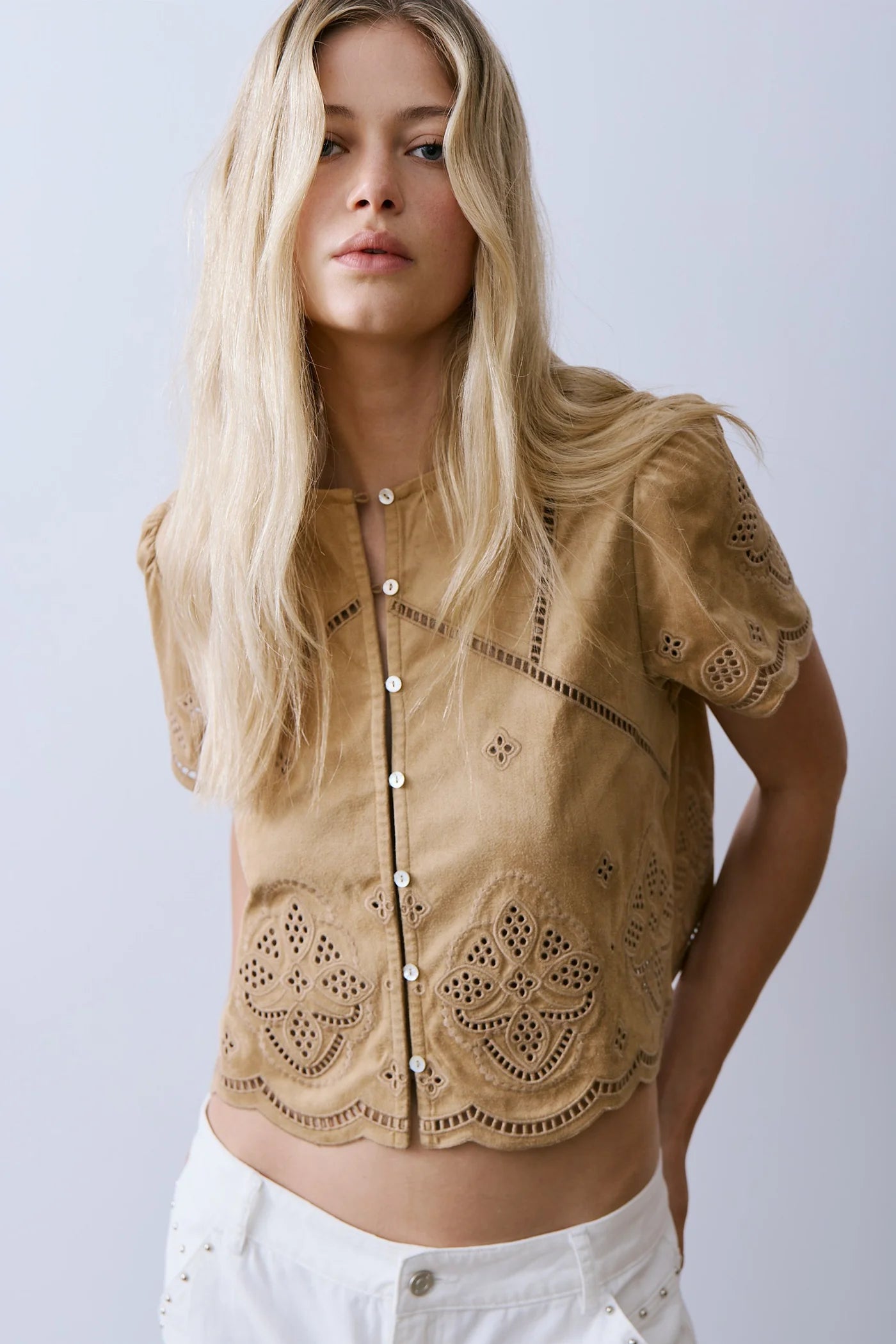 Regina Suede Eyelet Blouse- Tan