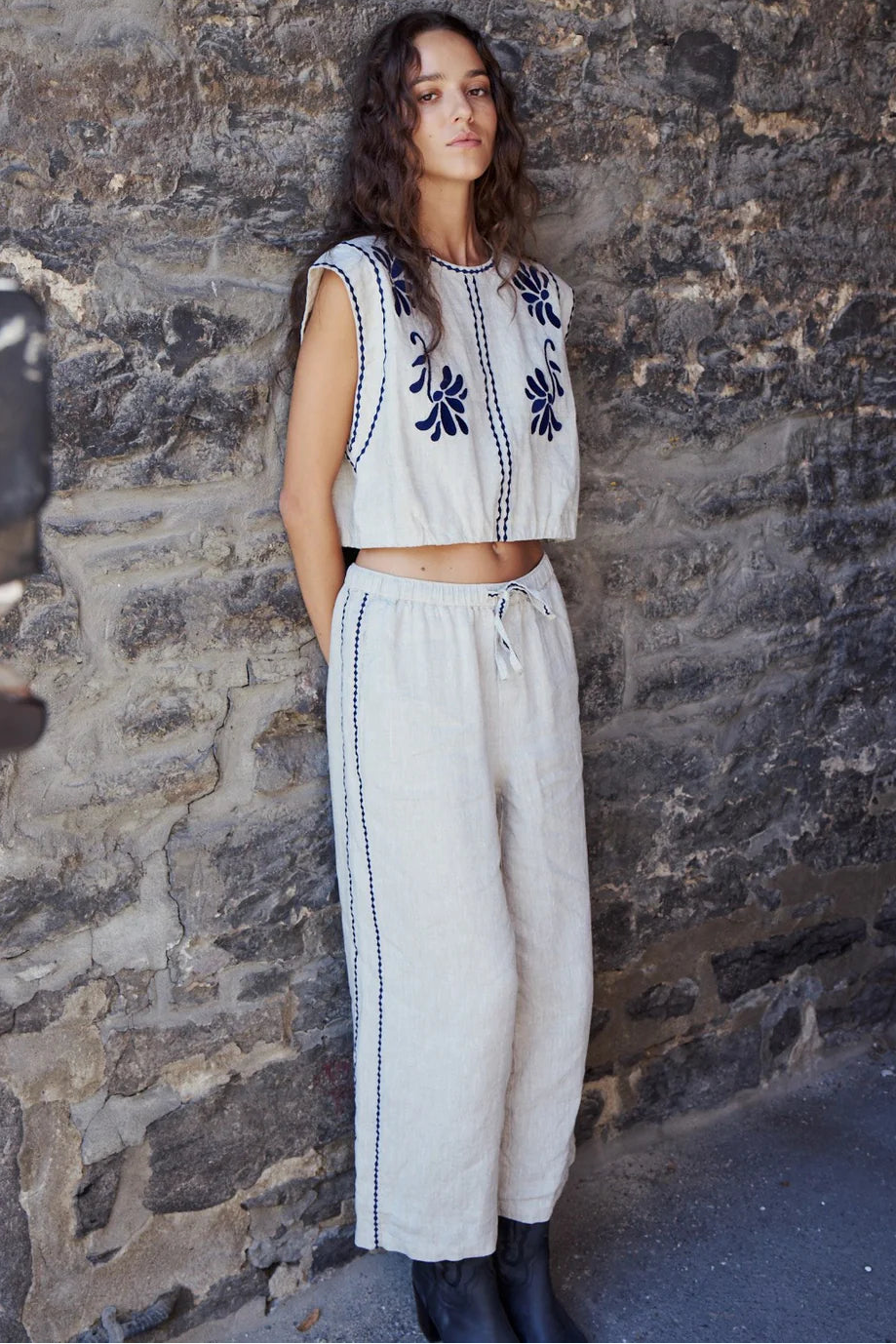 Suza Linen Blend Embroidered Pant- Light Beige