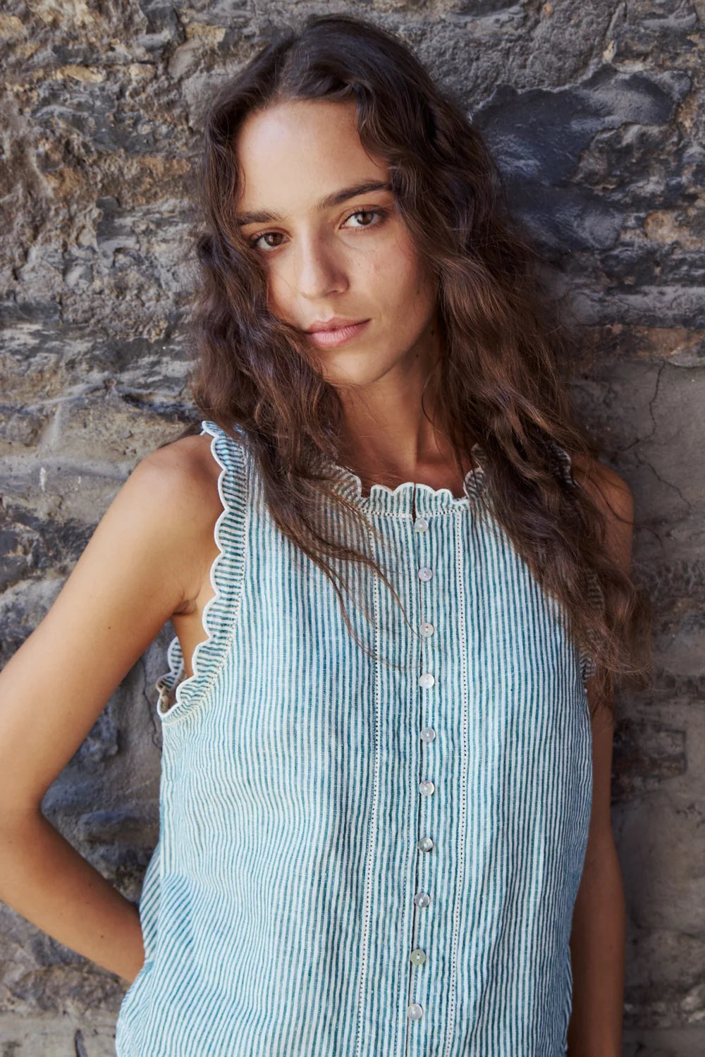 Zola Scallop Tank- Green Stripe