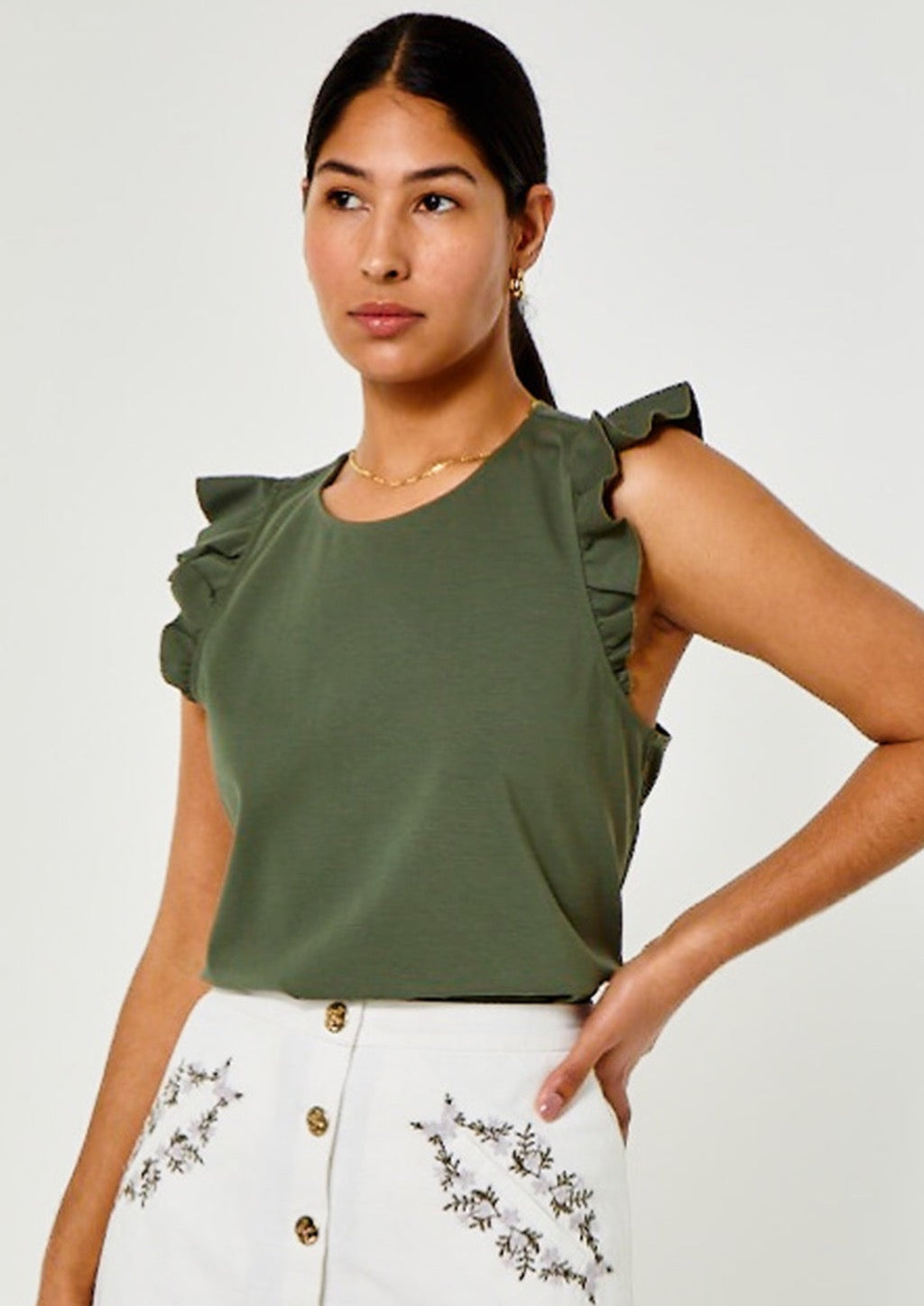 Naomi Ruffle Tee- Dark Olive Green