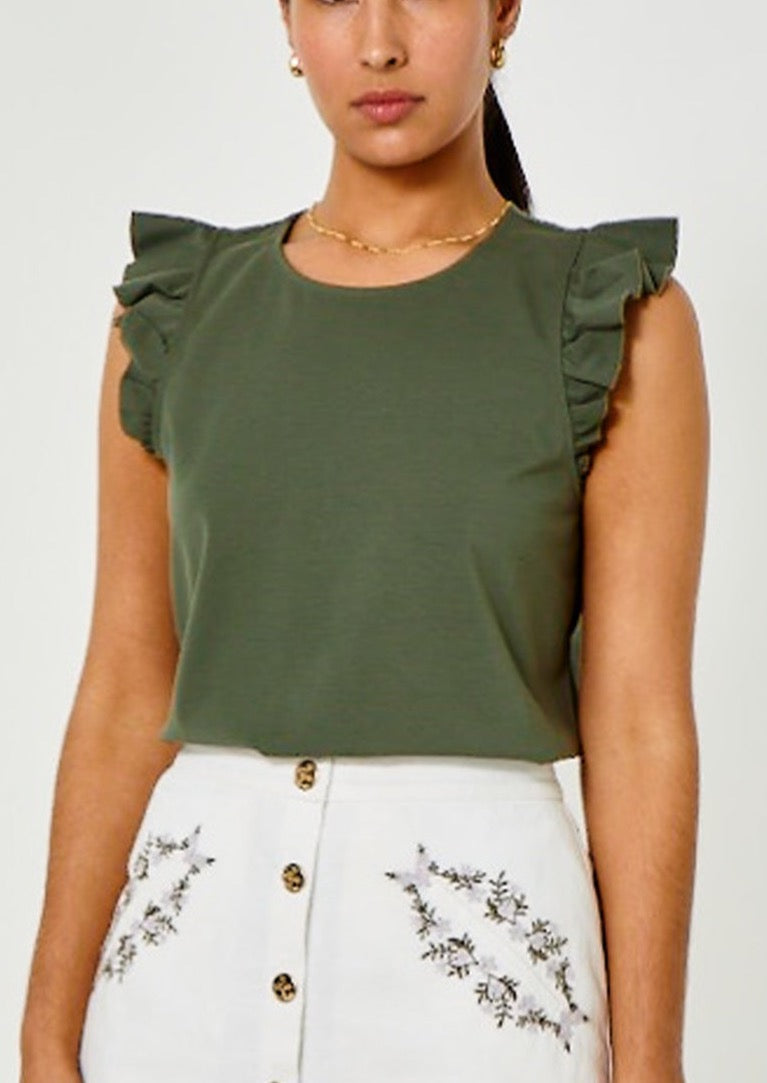 Naomi Ruffle Tee- Dark Olive Green