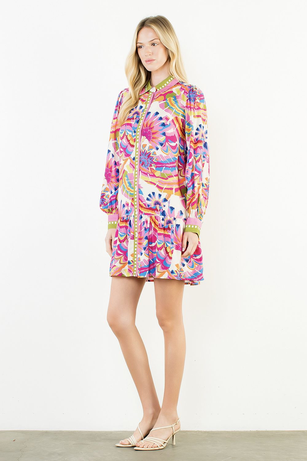 Long Sleeve Pattern Button Up Dress