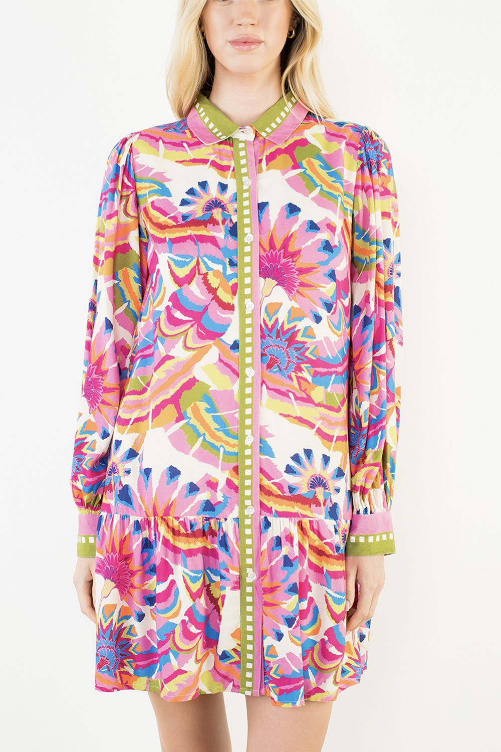 Long Sleeve Pattern Button Up Dress