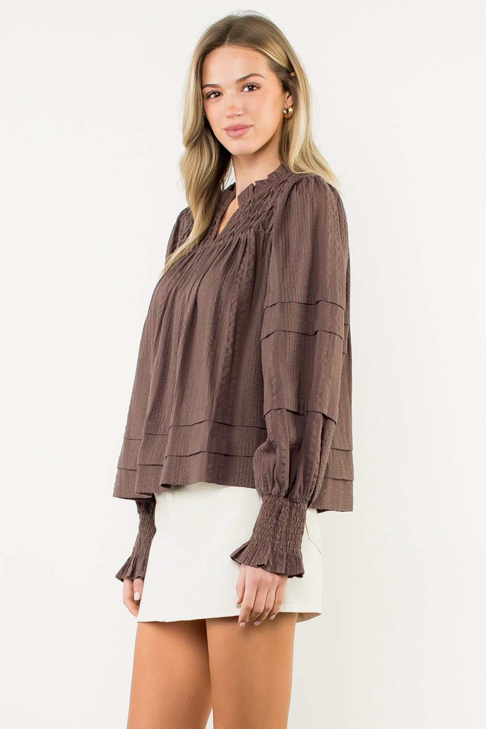 Long Sleeve V-Neck Top—Mushroom Brown