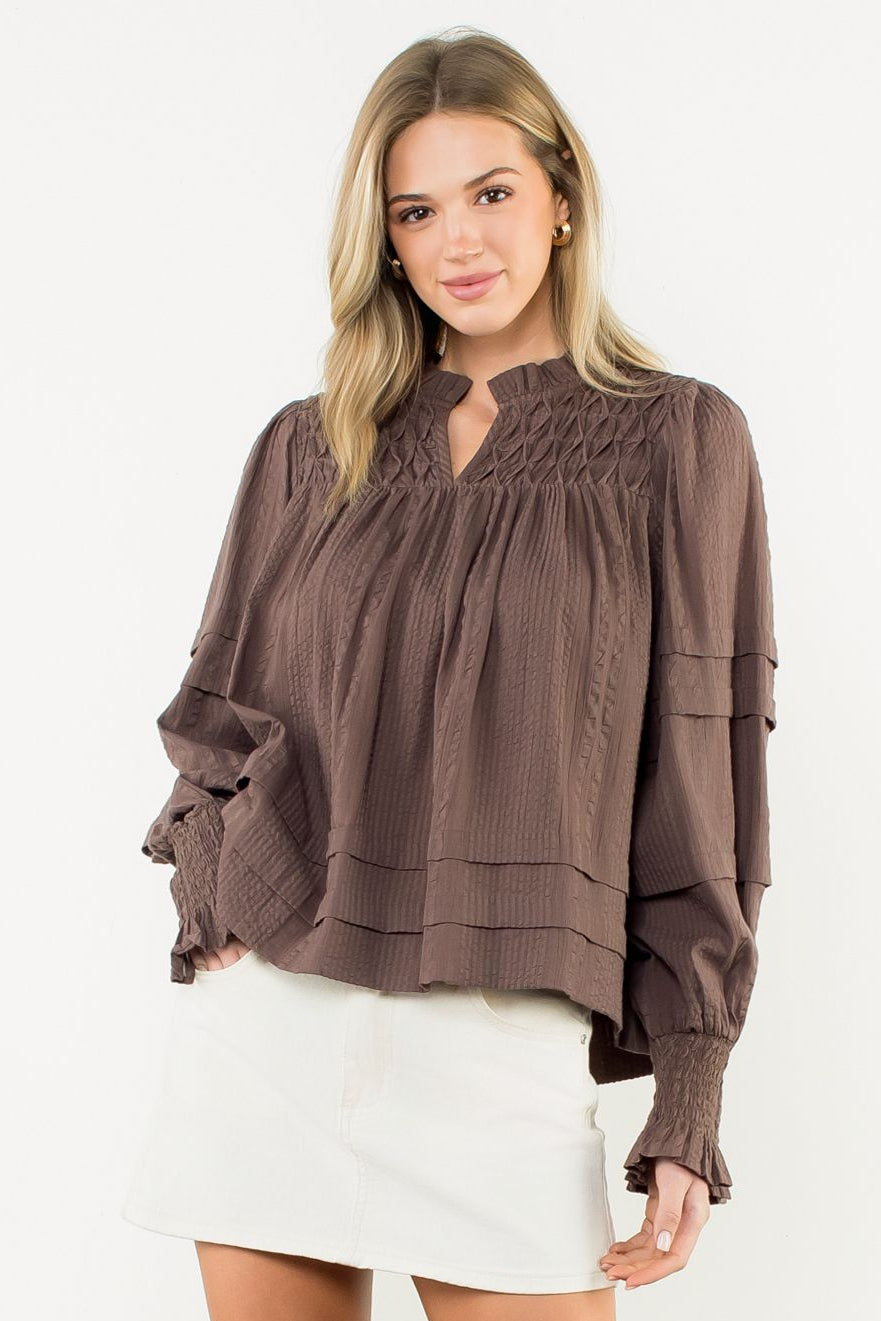 Long Sleeve V-Neck Top—Mushroom Brown