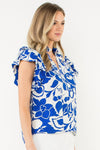 Flutter Sleeve Print Top—Blue/Cream
