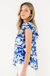 Flutter Sleeve Print Top—Blue/Cream