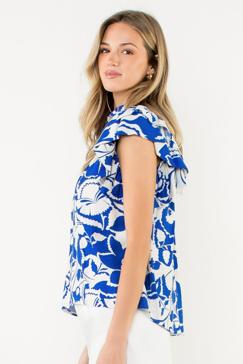 Flutter Sleeve Print Top—Blue/Cream