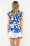 Flutter Sleeve Print Top—Blue/Cream