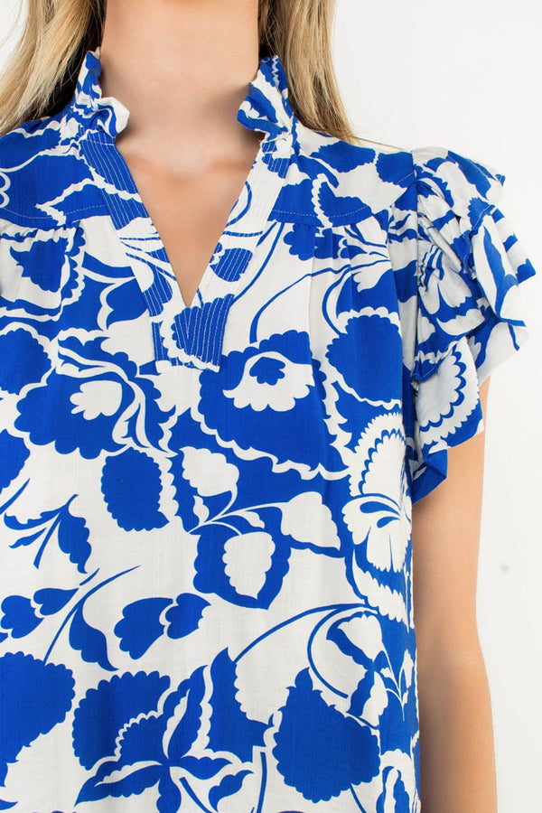 Flutter Sleeve Print Top—Blue/Cream