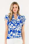 Flutter Sleeve Print Top—Blue/Cream