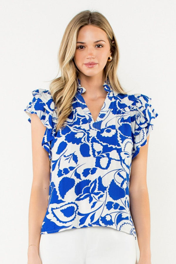 Flutter Sleeve Print Top—Blue/Cream