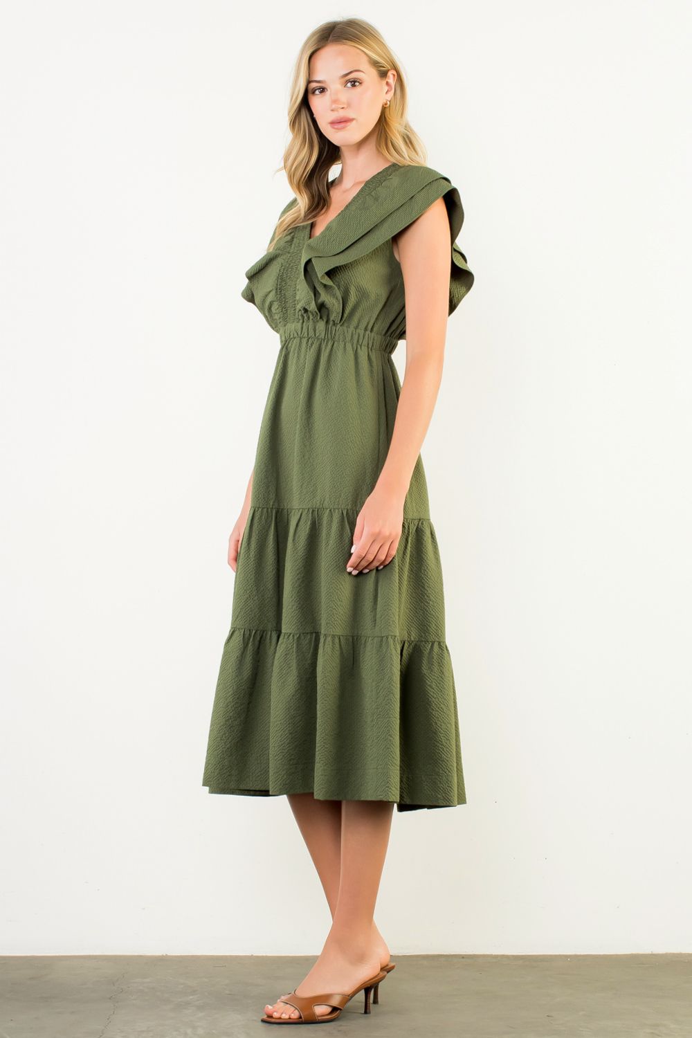 Flutter Sleeve Tiered Midi Dress- Olive Green