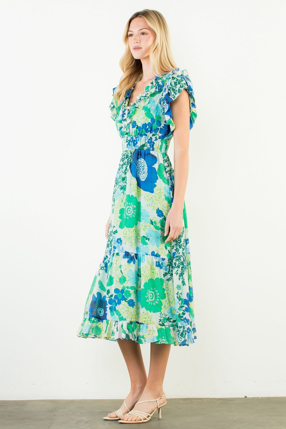 Flutter Sleeve Floral Pattern Tiered Dress