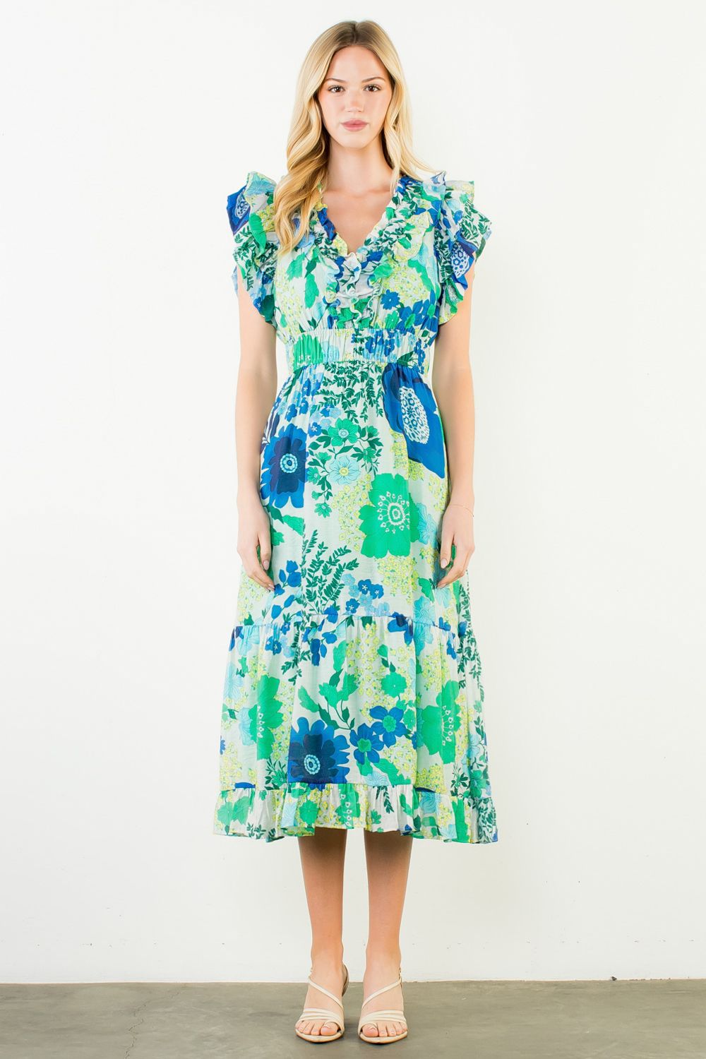 Flutter Sleeve Floral Pattern Tiered Dress
