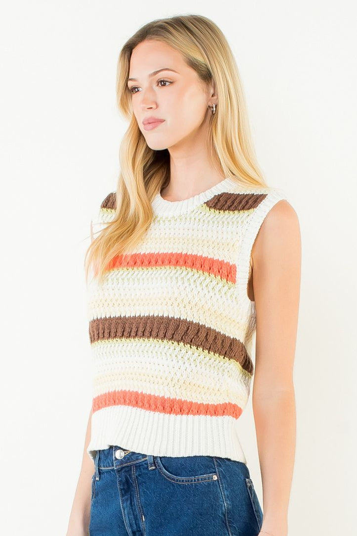 Sleeveless Stripe Sweater Tank- Cream