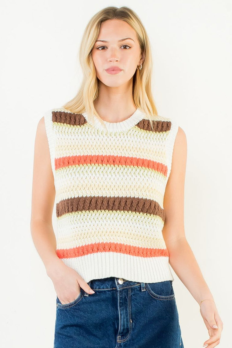 Sleeveless Stripe Sweater Tank- Cream