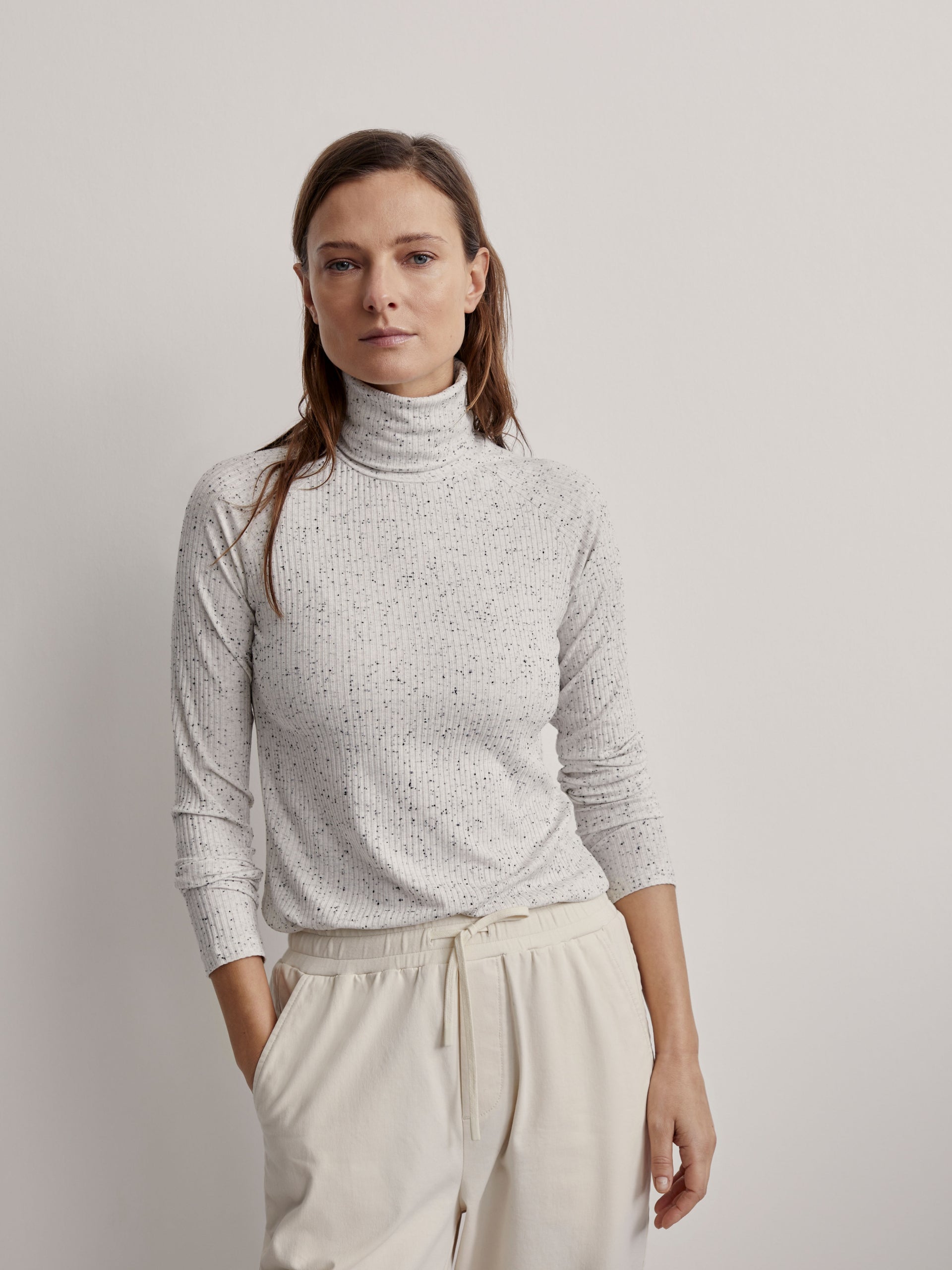 Roya Rollneck Long Sleeve Tee- Egret/Black