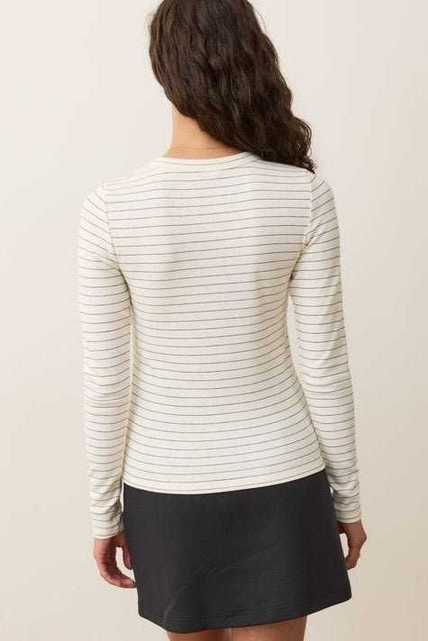 Lexi Rib Sun-In Long Sleeve Crew Tee- White/Black Stripe