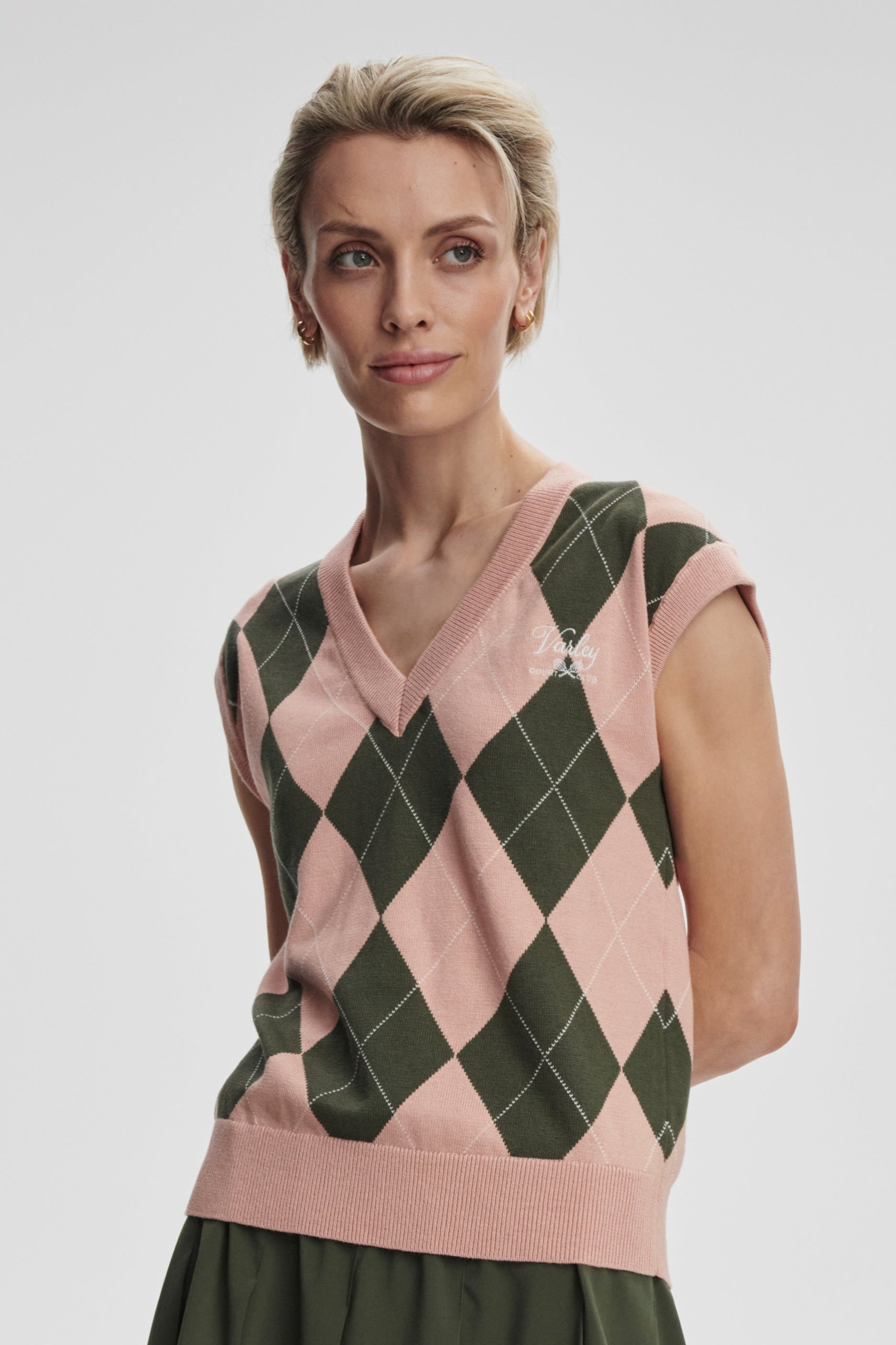 Avika Argyle Vest- Dusty Pink/Deep Ivy